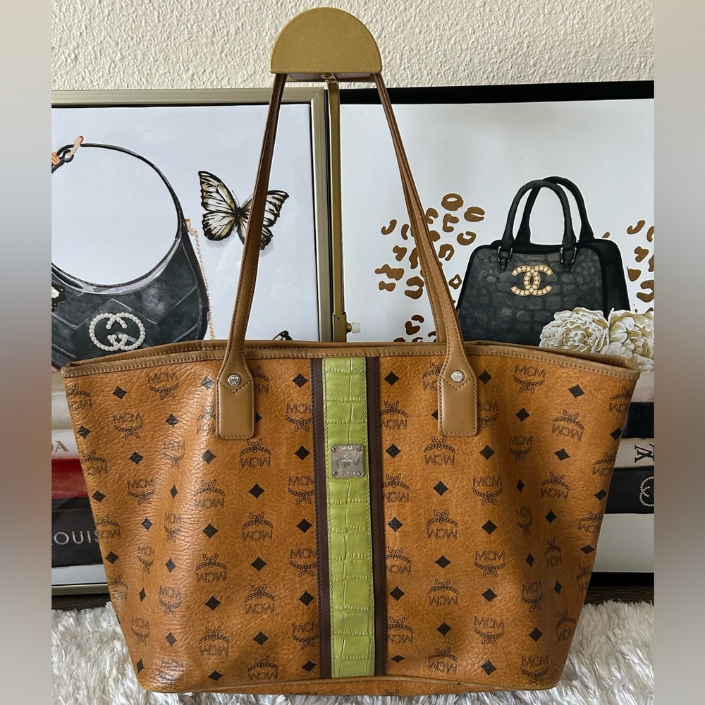 MCM Brown and Green Visetos Tote Bag